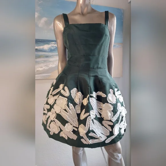 ❤️BUY2️⃣GET1️⃣🆓 $6,740 NEW OSCAR DE LA RENTA GREEN WHT SILK FLORAL DRESS 8 - Picture 6 of 15